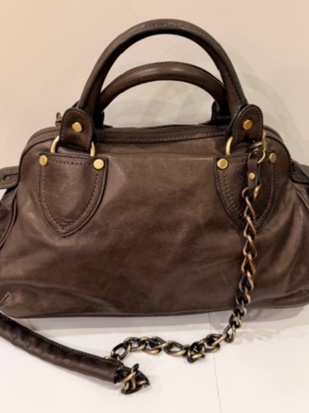 Luana Italian Leather Satchel Dark Olive Brown Chain Strap Top Handle - Picture 3 of 13